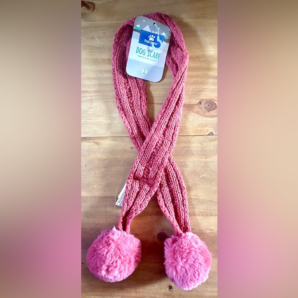 NWT • Top Paw • Pink • Cable Knit • w/faux fur Pom-Pom’s • Dog Scarf • Size S/M